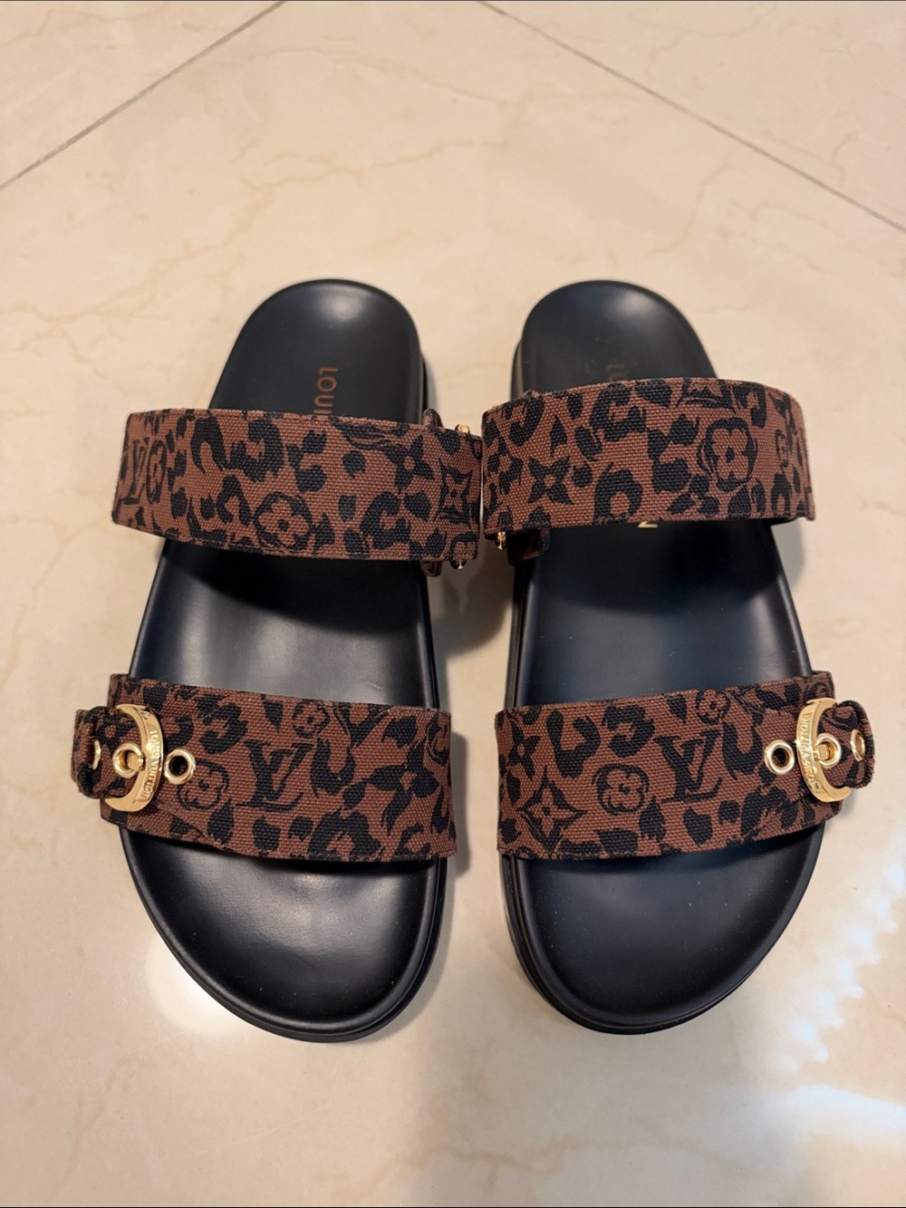 Louis Vuitton Brown & Black Monogram Leopard Slide Sandals